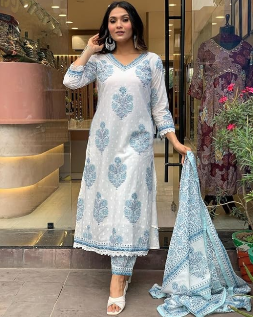 Nermosa Women Cotton Block Printed Kurta Pant With Dupatta Additional Image