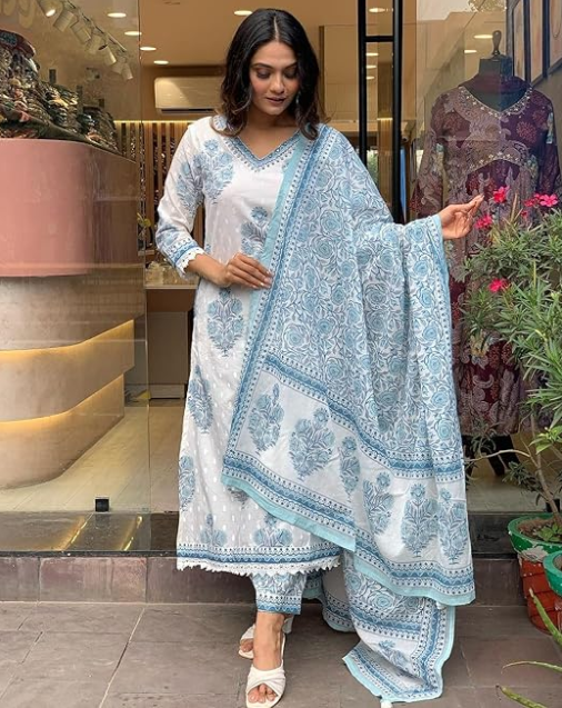 Nermosa Women Cotton Block Printed Kurta Pant With Dupatta Additional Image