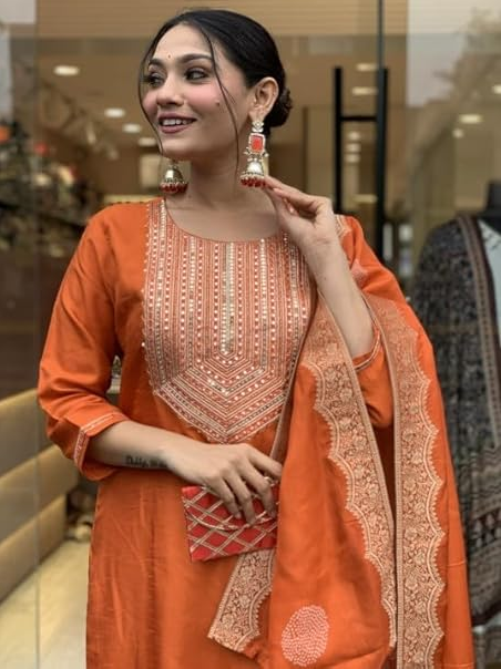 Nermosa Women Embroidery Silk Straight Kurta and Pant Set with Dupatta Additional Image