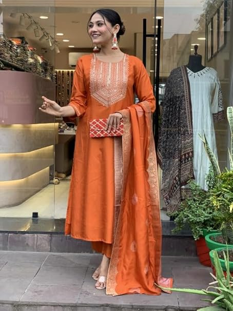 Nermosa Women Embroidery Silk Straight Kurta and Pant Set with Dupatta Additional Image