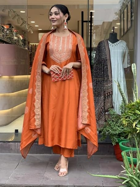 Nermosa Women Embroidery Silk Straight Kurta and Pant Set with Dupatta Additional Image