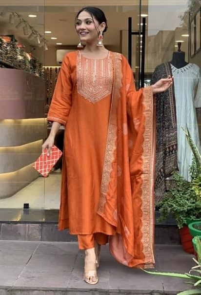 Nermosa Women Embroidery Silk Straight Kurta and Pant Set with Dupatta