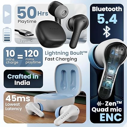 Boult K10 Truly Wireless Bluetooth in Ear Earbuds with 50H Playtime, 4 Mic Clear Calling, 45ms Low Latency, 10mm Drivers, Touch Controls, Type-C Fast Charging, IPX5, TWS Ear Buds Wireless (Ice Blue) Additional Image