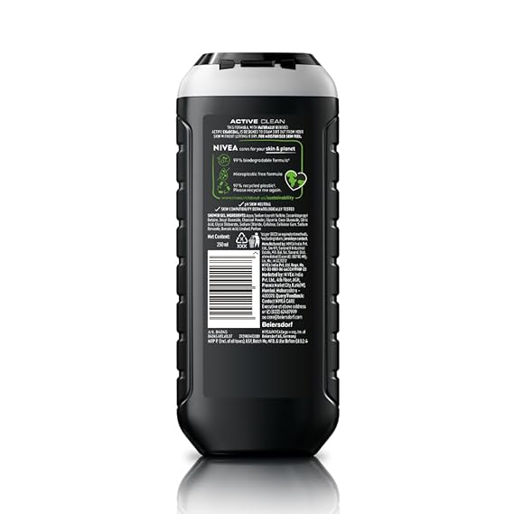 NIVEA Men Body Wash, Active Clean with Active Charcoal, Shower Gel for Body, Face & Hair, 250 ml Additional Image