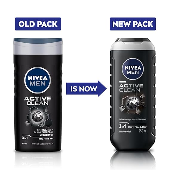 NIVEA Men Body Wash, Active Clean with Active Charcoal, Shower Gel for Body, Face & Hair, 250 ml Additional Image