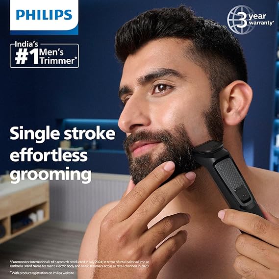 Philips India's No.1 Men's Trimmer | Self Sharpening Blades | Single Stroke Grooming I 9 in1 Face, Nose and Body I 2+1* year warranty | Powerful motor | No Oil Needed I 60 min runtime I MG3710/65 Additional Image