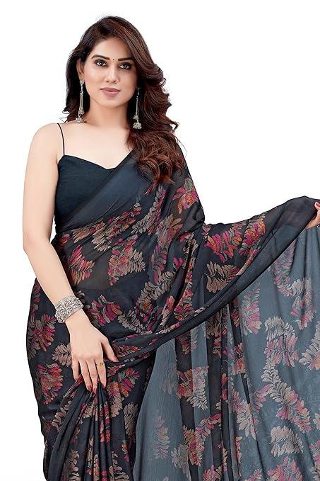 MIRCHI FASHION Women's Stylish Chiffon Leaf Printed Saree with Blouse Piece