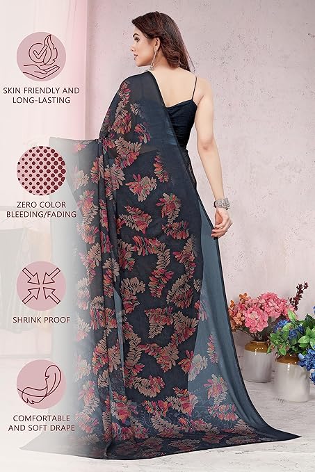 MIRCHI FASHION Women's Stylish Chiffon Leaf Printed Saree with Blouse Piece Additional Image