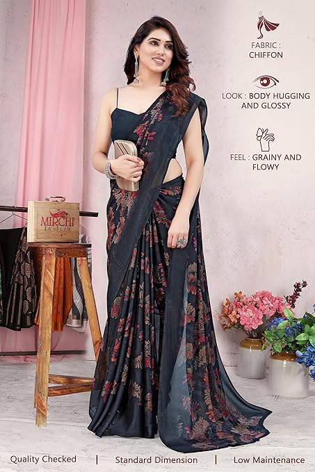 MIRCHI FASHION Women's Stylish Chiffon Leaf Printed Saree with Blouse Piece Additional Image