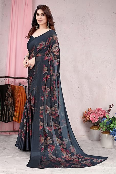 MIRCHI FASHION Women's Stylish Chiffon Leaf Printed Saree with Blouse Piece Additional Image