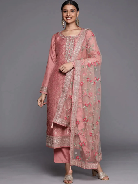 Peach Self Design Silk Blend Straight Kurta With Dupatta Additional Image