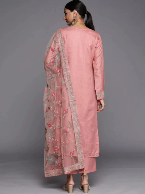 Peach Self Design Silk Blend Straight Kurta With Dupatta Additional Image